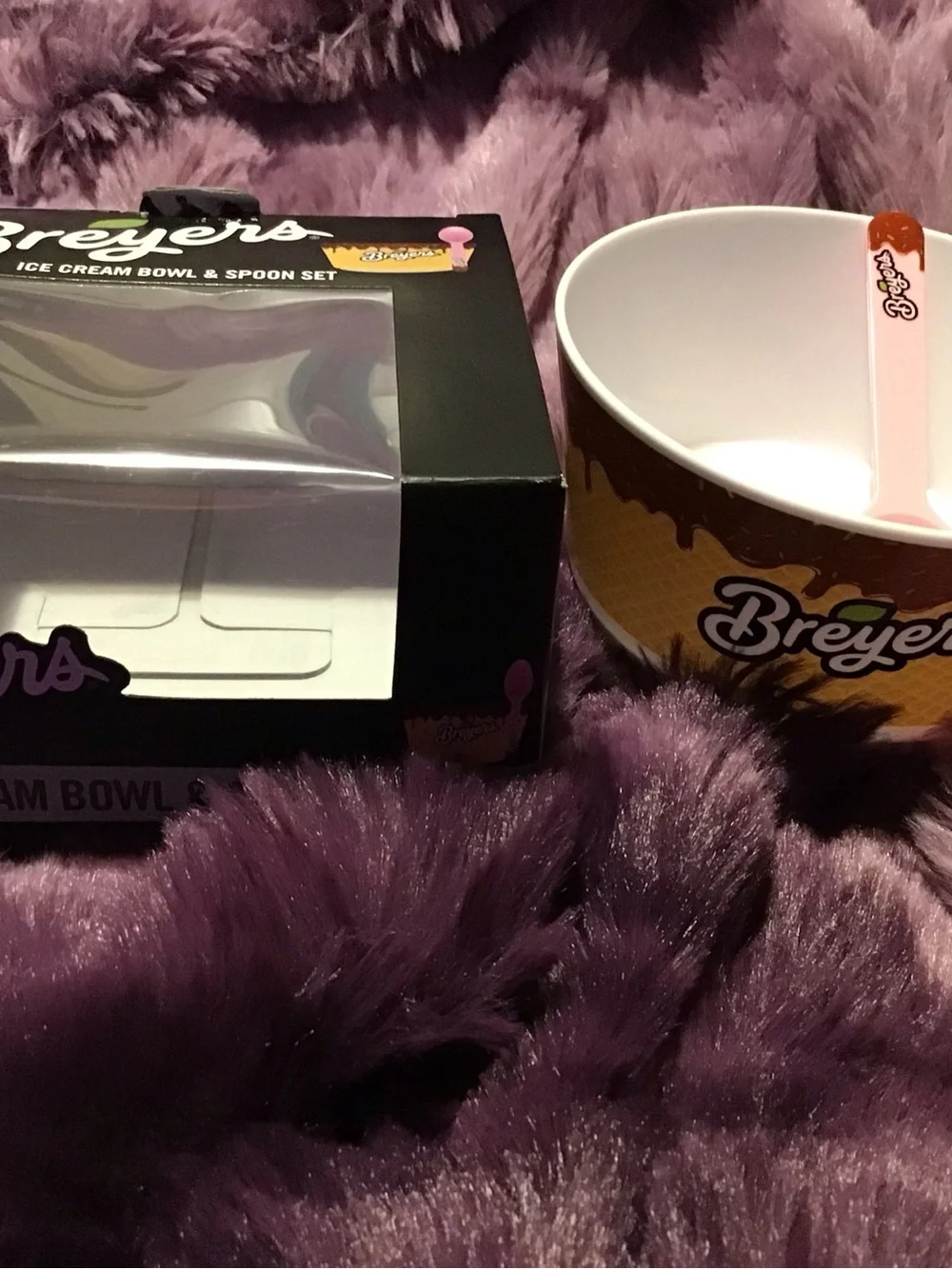 Breyers Ice Cream Bowl & Spoon Set - Yellow/Brown with Pink Spoon